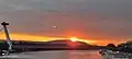 View of the Bridge of the Slovak National Uprising and sunset in Bratislava