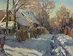 Edgars Vinters, Winter sun in Līči near lake „Juglas ezers“ , Oil on cardboard; 76 x 96&nbsp;cm, 1970 (Hans Joachim Gerber collection)