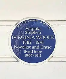 Virginia Woolf 1882-1941 Novelist and Critic lived here 1907-1911. Photograph of her Blue Plaque.