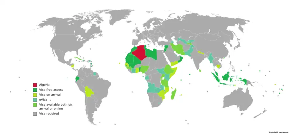 Visa requirements for Algerian citizens.mw-parser-output .legend{page-break-inside:avoid;break-inside:avoid-column}.mw-parser-output .legend-color{display:inline-block;min-width:1.25em;height:1.25em;line-height:1.25;margin:1px 0;text-align:center;border:1px solid black;background-color:transparent;color:black}.mw-parser-output .legend-text{} Algeria.mw-parser-output .legend{page-break-inside:avoid;break-inside:avoid-column}.mw-parser-output .legend-color{display:inline-block;min-width:1.25em;height:1.25em;line-height:1.25;margin:1px 0;text-align:center;border:1px solid black;background-color:transparent;color:black}.mw-parser-output .legend-text{} Visa free access.mw-parser-output .legend{page-break-inside:avoid;break-inside:avoid-column}.mw-parser-output .legend-color{display:inline-block;min-width:1.25em;height:1.25em;line-height:1.25;margin:1px 0;text-align:center;border:1px solid black;background-color:transparent;color:black}.mw-parser-output .legend-text{} Visa on arrival.mw-parser-output .legend{page-break-inside:avoid;break-inside:avoid-column}.mw-parser-output .legend-color{display:inline-block;min-width:1.25em;height:1.25em;line-height:1.25;margin:1px 0;text-align:center;border:1px solid black;background-color:transparent;color:black}.mw-parser-output .legend-text{} eVisa.mw-parser-output .legend{page-break-inside:avoid;break-inside:avoid-column}.mw-parser-output .legend-color{display:inline-block;min-width:1.25em;height:1.25em;line-height:1.25;margin:1px 0;text-align:center;border:1px solid black;background-color:transparent;color:black}.mw-parser-output .legend-text{} Visa available both on arrival or online.mw-parser-output .legend{page-break-inside:avoid;break-inside:avoid-column}.mw-parser-output .legend-color{display:inline-block;min-width:1.25em;height:1.25em;line-height:1.25;margin:1px 0;text-align:center;border:1px solid black;background-color:transparent;color:black}.mw-parser-output .legend-text{} Visa required