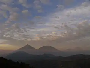 The volcanoes of Lake Atitlan; Atitlan (left center), Toliman (center), and San Pedro (far right), as seen from Pachimulin.