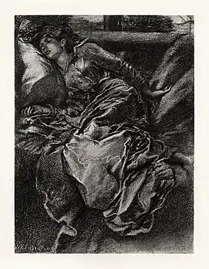 Image 2The Sleeping BeautyIllustration: W. E. F. Britten; restoration: Adam Cuerden"The Sleeping Beauty" is a poem written by Alfred, Lord Tennyson, and published in 1830; it was later expanded and published in 1842 as "The Day-Dream". Based on the fairy tale Sleeping Beauty, the poem (as with many of Tennyson's adaptations of existing literary works) focuses on a single aspect of the story, the appearance of the eponymous character as she sleeps.This illustration by W. E. F. Britten was published in 1901 to accompany a reprinting of "The Sleeping Beauty". It accompanies the poem's final lines: "She sleeps, nor dreams, but ever dwells / A perfect form in perfect rest."More selected pictures