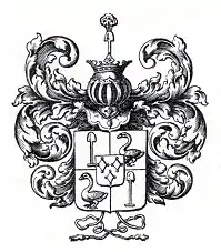 Full coat of arms as Free Lords of Zuid-Polsbroek, 1610–1870 (shovel, swan resp goose and rhombus)