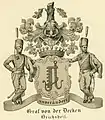 The General of the Cavalry Count Georg J.W.L. von der Decken&nbsp;[de] chose as blazon holders two soldiers of the 1. Hussar-Regiment of the King's German Legion, a Regiment, in which he had distinguished himself so much. He was honored with the title Graf in 1835. He had no legitimate children, therefore the title did not continue after his death in 1859.