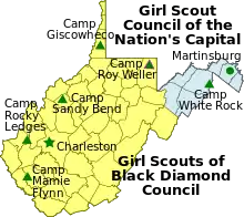 Map of West Virginia with counties showing the different Girl Scout Councils