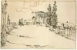 Langlois Bridge, Arles, pen and ink, 35.5 × 47&nbsp;cm. May 1888, Staatsgalerie Stuttgart (F1470)