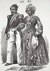 Engraving of Malagasy couple in 19th-century elegant European dress, walking arm in arm