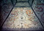 Heavens, West ceiling, Queen Mother of the West, sits opposite to the King of the East, Dong Wanggong (东王公). She is a Taoist goddess, but worship of her predates Taoism.