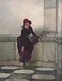 Young woman adjusting her shoe, by Pieter Haaxman (1854-1937)