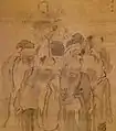 A painting by Zhu Wenxin, of the Eight Immortals. Lan Caihe is at the top, as a smiling, balding man holding up a flower basket. 1813 CE.