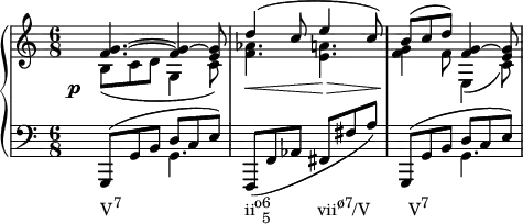 {
#(set-global-staff-size 16)
\new PianoStaff <<
\new Staff <<
\new Voice \relative c' {
\stemUp \clef treble \key c \major \time 6/8
<f g>4.^~ <f g>4^~ <e g>8
d'4^( c8 e4 c8)
b^( c d) <f, g>4^~ <e g>8
}
\new Voice \relative c' {
\stemDown
\override DynamicText.X-offset = #-4
\override DynamicLineSpanner.staff-padding = #4
b8_(\p c d g,4 c8)
<f aes>4.\< <e a>4.\>
<f g>4\! f8 e,4_( c'8)
}
>>
\new Staff <<
\new Voice \relative c, {
\clef bass \key c \major \time 6/8
\stemUp g8^( g' b d c e)
\stemNeutral f,,( f' aes fis fis' a)
\stemUp g,,8^( g' b d c e)
}
\new Voice \relative c {
\stemDown
s4._\markup { \concat { "V" \raise #1 \small "7" \hspace #16 "ii" \raise #1 \small "o" \combine \raise #1 \small 6 \lower #1 \small 5 \hspace #6 "vii" \raise #1 \small "ø7" "/V" \hspace #5 "V" \raise #1 \small "7" } } g s2. s4. g
}
>>
>>
}