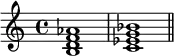{
\relative c' {
\time 4/4
<b d f aes>1 <c es g bes> \bar "||"
}
}