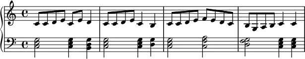 {
#(set-global-staff-size 15)
\new PianoStaff <<
\new Staff <<
\relative c' {
\clef treble \key c \major \time 4/4
c8 c d e c e d4 c8 c d e c4 b c8 c d e f e d c b g a b c4 c
}
>>
\new Staff <<
\set Score.tempoHideNote = ##t \tempo 4 = 120
\clef bass \key c \major \time 4/4
\new Voice \relative c {
<c e g>2 <c e g>4 <b d g>4 <c e g>2 <c e g>4 <d g> <c e g>2 <c f a> <d f g> <c e g>4 <c e g>
}
>>
>> }
