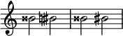 { \override Score.TimeSignature #'stencil = ##f \relative c'' { \clef treble \time 4/4 \hide Staff.TimeSignature bisis2 bis \accidentalStyle modern bisis2 bis } }