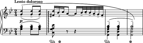 \new PianoStaff \with { connectArpeggios = ##t } <<
\new Staff = "up" { \relative c'' { \key g \minor \time 2/4 \clef treble
\override Score.MetronomeMark #'padding = #4
\set Score.tempoHideNote = ##t \tempo "Lento doloroso" 4 = 32
\set Staff.midiInstrument = #"acoustic grand"
\stemUp
\once \override PhrasingSlur #'control-points = #'((0.69 . 4.69) (16.9 . 6.9) (69 . 6.9) (69 . -4))
<g d'>4--(^\( q8-- q--) |
\override TupletBracket #'stencil = ##f
\override TupletNumber #'Y-offset = #-2
\times 2/3 { <fis d'>16\arpeggio bes c } a8 ~ a16 bes32-- c-- bes-- a-- g-- fis-- |
\change Staff = "down"
<bes, d>4^-^( q^- | q2^-)\)
}}
\new Dynamics { s2\p }
\new Staff = "down" { \relative c' { \key g \minor \time 2/4 \clef bass
\set Staff.midiInstrument = #"acoustic grand"
\stemDown
<g bes d>4--( q8-- q--) |
<c, g' a es'>8\arpeggio r r4
<g d' g>4 q | q2
}}
\new Dynamics { s2 s16\sustainOn s4..\sustainOff s2\sustainOn s\sustainOff }
>>