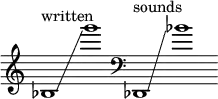{
\new Staff \with { \remove "Time_signature_engraver" }
\clef treble \key c \major ^ \markup "written" \cadenzaOn
bes1 \glissando g'''1
\clef bass des,1 ^ \markup "sounds" \glissando bes'1
}