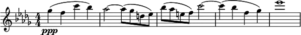 \relative c''' { \clef treble \key des \major \numericTimeSignature \time 4/4 \set Staff.midiInstrument = #"string ensemble 1" ges\ppp( f c' bes) | aes2~ aes8( ges d ees) | bes'( aes e f) c'2~ | c4( bes f ges) | ees'1 } \midi{\tempo 8 = 80}