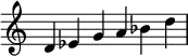 {
\override Score.TimeSignature #'stencil = ##f
\relative c' {
\clef treble \key c \major \time 6/4
d ees g a bes d
} }