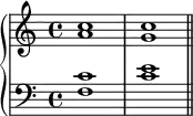 \new PianoStaff <<
\new Staff <<
\new Voice \relative c'' {
\stemUp \clef treble \key c \major \time 4/4
c1 c
}
\new Voice \relative c'' {
\stemDown
a1 g
}
>>
\new Staff <<
\new Voice \relative c' {
\stemUp \clef bass \key c \major \time 4/4
c1 e
}
\new Voice \relative c {
\stemDown
f1 c' \bar "||"
}
>>
>>