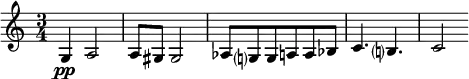 \relative c' {
\set Staff.midiInstrument = #"violin"
\set Score.tempoHideNote = ##t \tempo 4 = 60
\key c \major \time 3/4
g4\pp a2|
a8 gis gis2|
as8 g? g a a bes |
c4. b? | c2 |
|
}