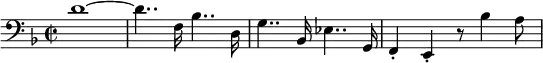 \relative c' {
\new PianoStaff <<
\new Staff {
\set Staff.midiInstrument = #"piano" \key d \minor \clef bass \time 2/2 \set Score.tempoHideNote = ##t \tempo 2 = 55
d1 ~ |
d4.. f,16 bes4.. d,16 |
g4.. bes,16 es4.. g,16 |
f4 -. e4 -. r8 bes''4 a8 |
}
>>
}