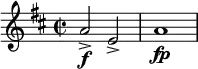 \relative c'' { \clef treble \key d \major \time 2/2 a2\f-> e-> | a1\fp }