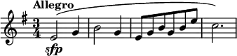 \relative c' {
\time 3/4
\tempo "Allegro"
\key e \minor
e2\sfp (g4 b2 g4 e8 g b g b e c2.)
}