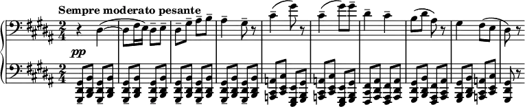 {\new PianoStaff <<
\new Staff \relative c'
{\clef bass \key gis\minor \set Score.tempoHideNote=##t \time 2/4 \tempo "Sempre moderato pesante"4=46 \override DynamicLineSpanner.staff-padding = #2.5 r4_\pp dis,4 ~(dis8 fis16 e16) dis8-- e8-- dis8-- gis8-- ais8-- b8-- ais4-- gis8-- r8 cis4-- (gis'8) r8 cis,4-- (gis'8) gis8-- dis4-- cis4-- b8 (dis8 ais8) r8 gis4 fis8 (e8 dis8) r8}
\new Staff \relative c{\clef bass \time 2/4 \key gis\minor
\repeat unfold 8{<gis, dis' gis>8-- <b dis b'>8}
\repeat unfold 2 {<a cis a'>8 <cis e cis'>8 <e, gis e'>8 <gis b gis'>8} <fis cis' fis>8 <ais dis ais'>8 <fis ais fis'>8 <ais dis ais'>8 <gis dis' gis>8 <b dis b'>8 <fis ais fis'>8 <ais cis ais'>8
<gis b gis'>8 <b dis b'>8 <a cis a'>8 <cis e cis'>8 <gis dis' gis>8 r8}
>>}