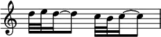 { \override Score.TimeSignature #'stencil = ##f \relative c'' { \time 2/4 d32 e d16~ d8 c32 b c16~ c8 } }