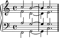 \new PianoStaff <<
\new Staff <<
\new Voice \relative c'' {
\stemUp \clef treble \key c \major \time 4/4
c2 b^~ b4 c2.
}
\new Voice \relative c' {
\stemDown
f2 d_~ d4 e2.
}
>>
\new Staff <<
\new Voice \relative c' {
\stemUp \clef bass \key c \major \time 4/4
a2 g^~ g4 g2.
}
\new Voice \relative c, {
\stemDown
f2 g_~ g4 c2. \bar "||"
}
>>
>>