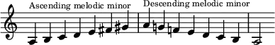 {
\override Score.TimeSignature #'stencil = ##f\relative c' {
\clef treble \time 7/4 \hide Staff.TimeSignature
\override Voice.TextScript.font-size = #-2
a4^\markup { Ascending melodic minor } b c d e fis gis
a^\markup { Descending melodic minor } g! f! e d c b a2 }
}
