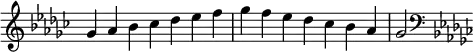 {
\override Score.TimeSignature #'stencil = ##f
\relative c'' {
\clef treble \key ges \major \time 7/4 ges4 aes bes ces des es f ges f es des ces bes aes ges2
\clef bass \key ges \major
} }