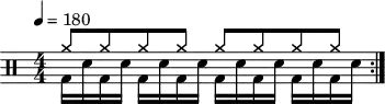 \version "2.22.0"
\header { tagline = ##f}
\score {
\drums \with {midiInstrument = "drums"}
\with { \numericTimeSignature }
{
\tempo 4 = 180
\repeat volta 2 {
<<{cymra8 cymra cymra cymra cymra cymra cymra cymra}\\{ bd16 sne bd sne bd sne bd sne bd sne bd sne bd sne bd sne}>>\break
}
}
\layout {}
}
\score {
\unfoldRepeats {
\drums \with {midiInstrument = "drums"}{
\repeat volta 2 {
<<{cymra8 cymra cymra cymra cymra cymra cymra cymra}\\{ bd16 sne bd sne bd sne bd sne bd sne bd sne bd sne bd sne}>>
}
}
}
\midi { \tempo 4 = 180 }
}