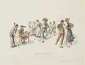 Folk dress of Uri and Zürich (musicians), Appenzell (f) and Bern (m), Fricktal (f) and Unterwalden (m), Thurgau (f) and Vaud (m), Appenzell (m) and Berne (f) (dancers), Franz Niklaus König (1828)