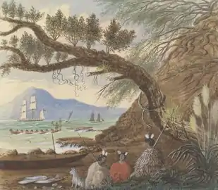 View near Auckland: Three Maoris and a Dog (1860)Artist: Charles Emilius Gold