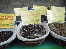 Small baskets with different types of tea
